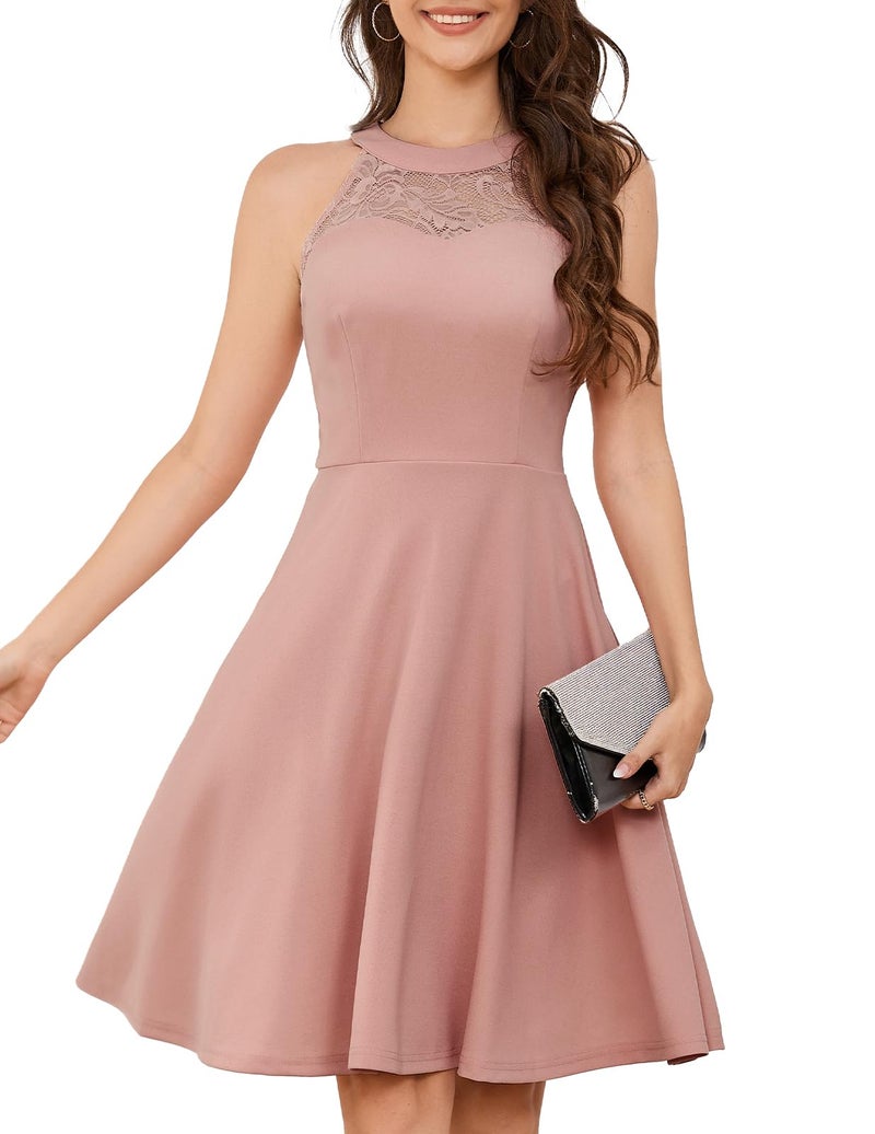 Bbonlinedress Halter Short Cocktail Summer Prom Wedding Guest Formal Pink Bridesmaid 2024 Women Teens Dress Blush M - Image 1